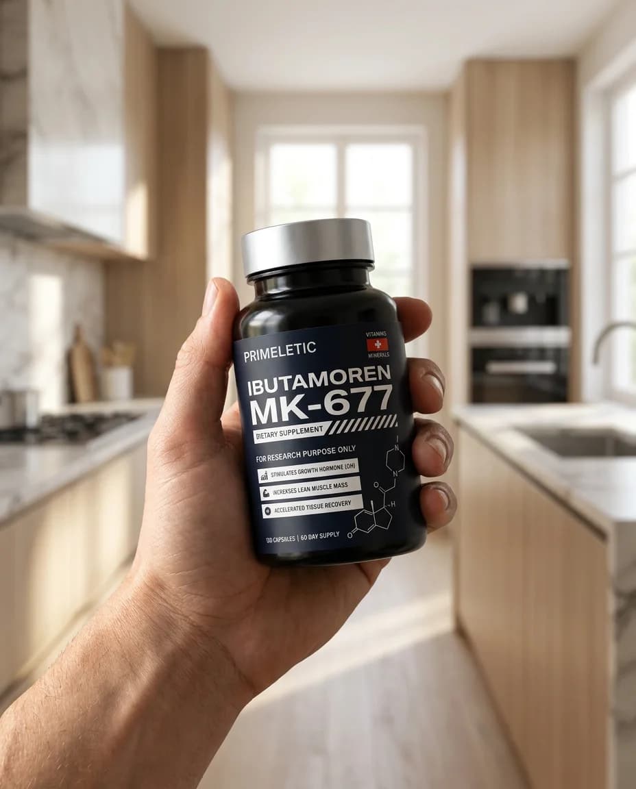 Primeletic MK-677 bottle held in hand
