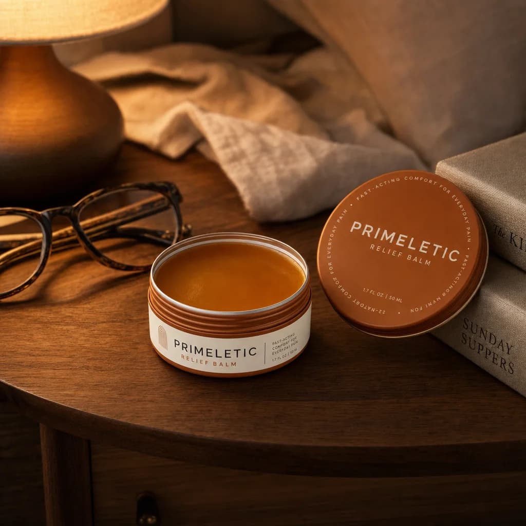 The open tin on a bedside table in warm lamp light, reading glasses beside it