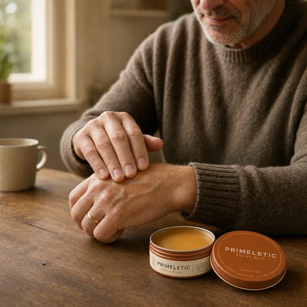 A man at a wooden table massaging balm into his knuckles, the open tin beside his hands