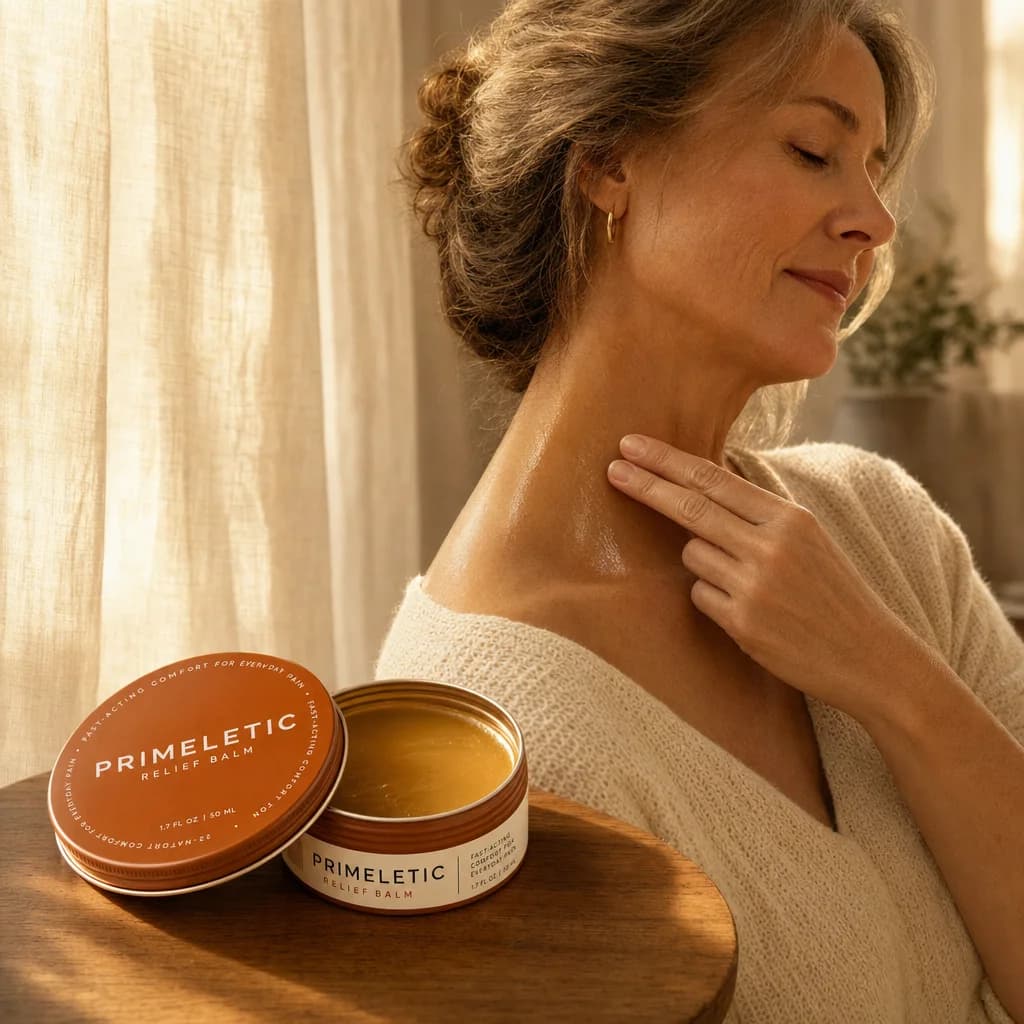 A woman working balm into her neck and shoulder, tin on the table beside her