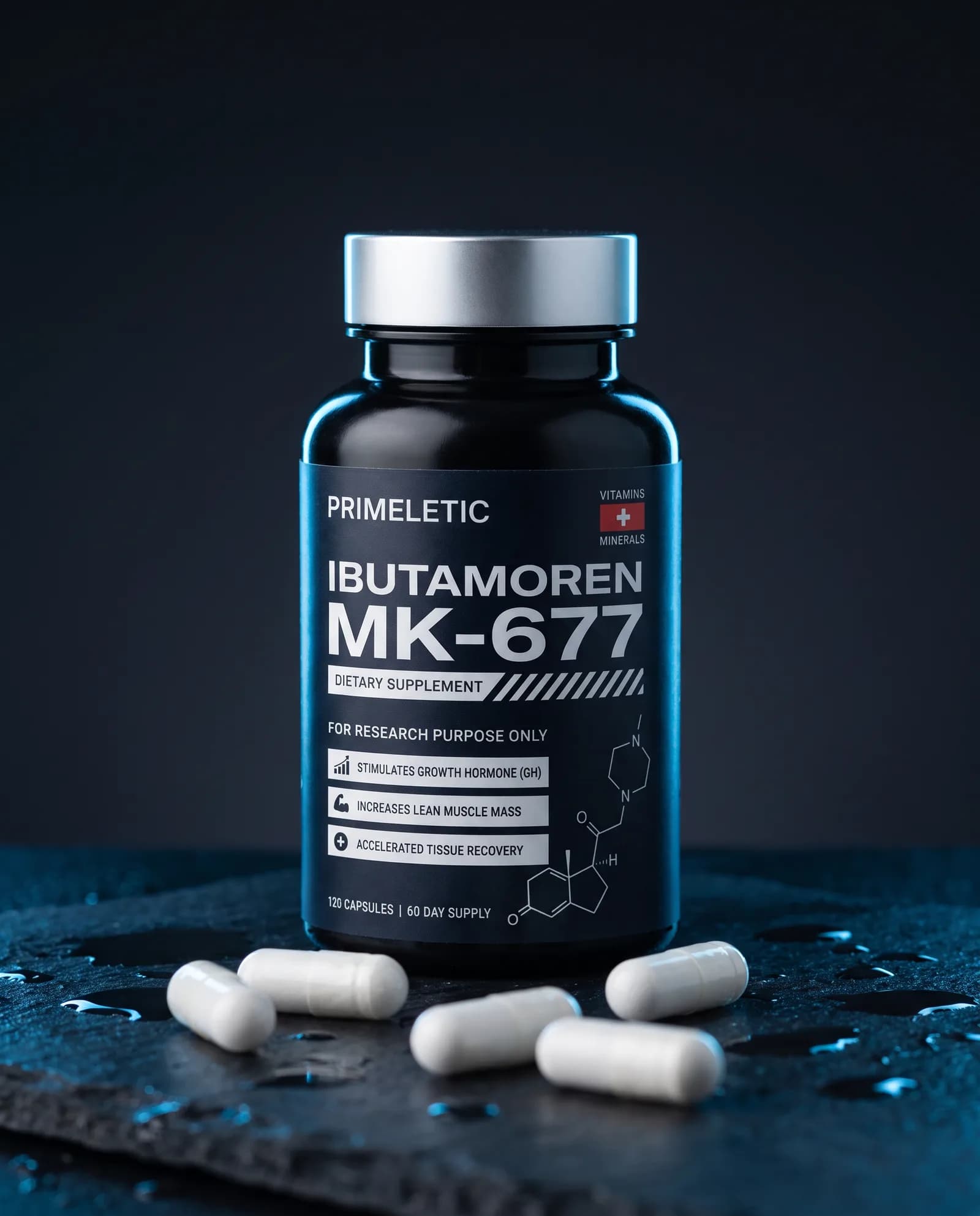 Primeletic MK-677 bottle with capsules on a dark surface