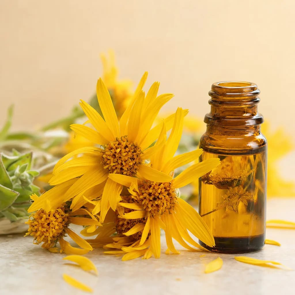 Yellow arnica montana blossoms beside a small amber bottle of infused oil