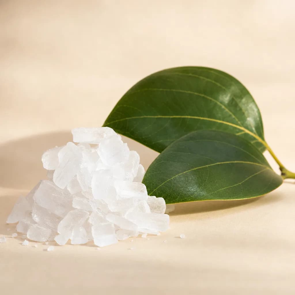 Translucent white camphor crystals beside fresh camphor laurel leaves
