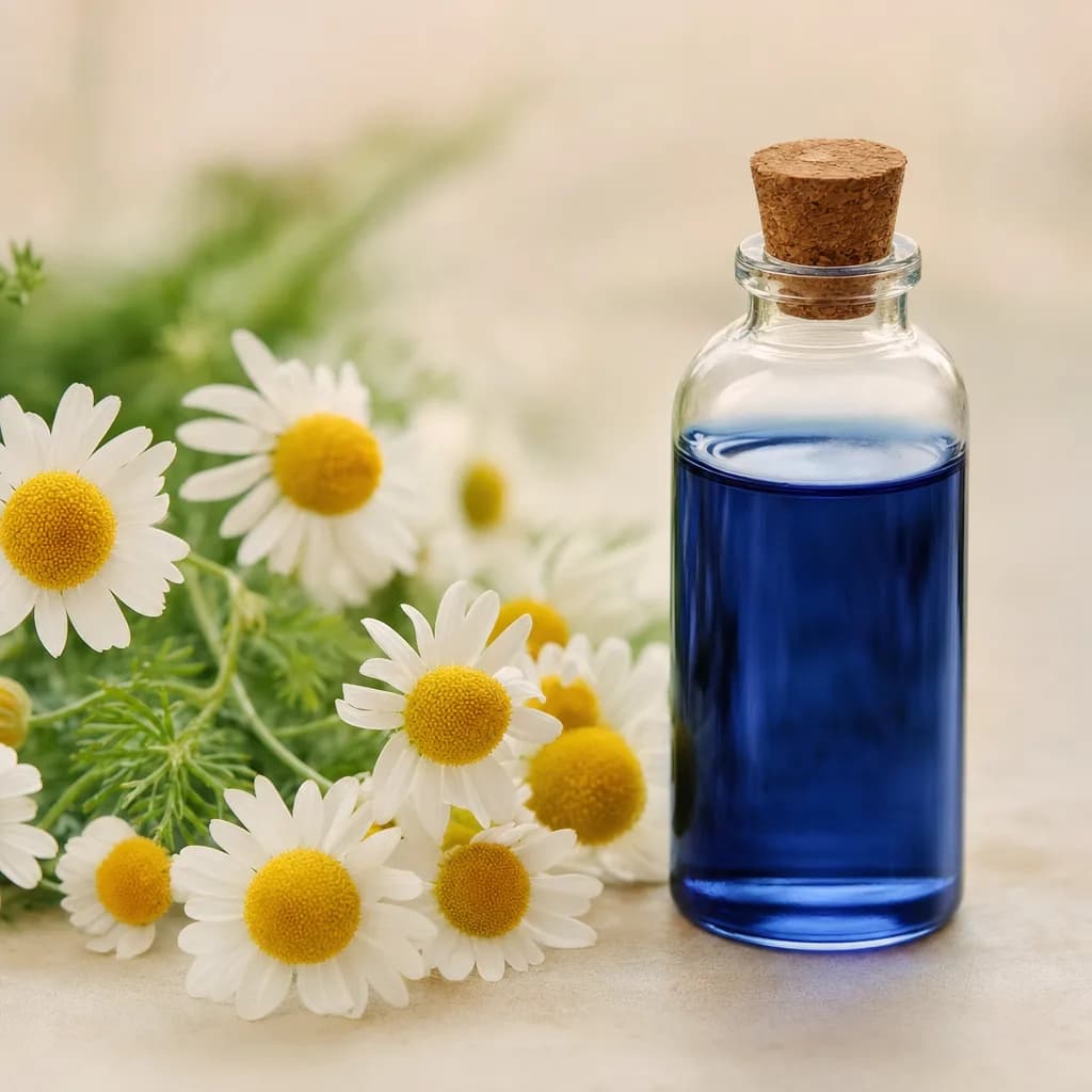 German chamomile flowers beside a vial of deep blue chamomile essential oil