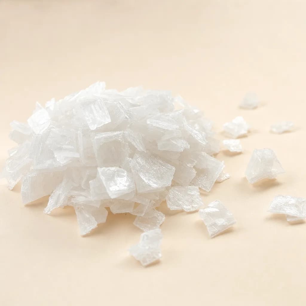 Cluster of translucent white magnesium chloride flakes