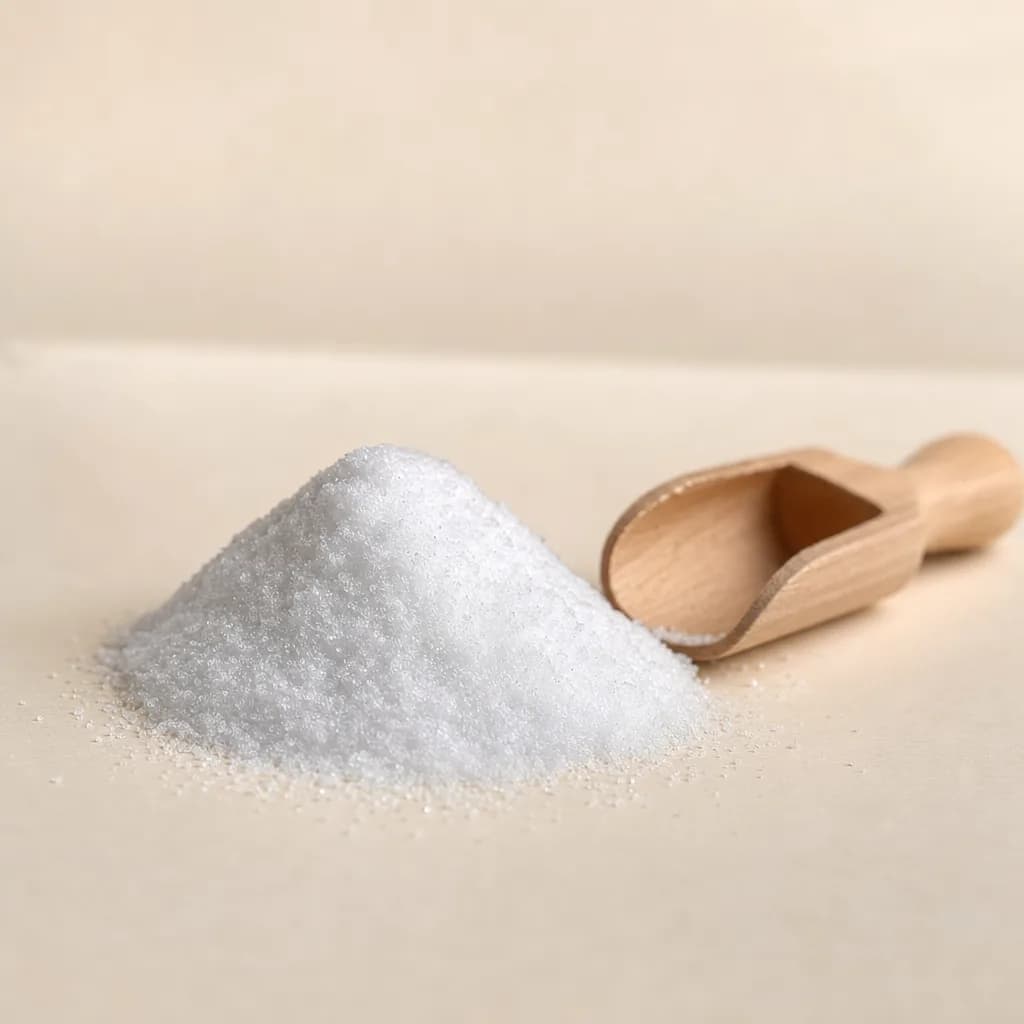 Small mound of fine white crystalline MSM powder with a wooden scoop