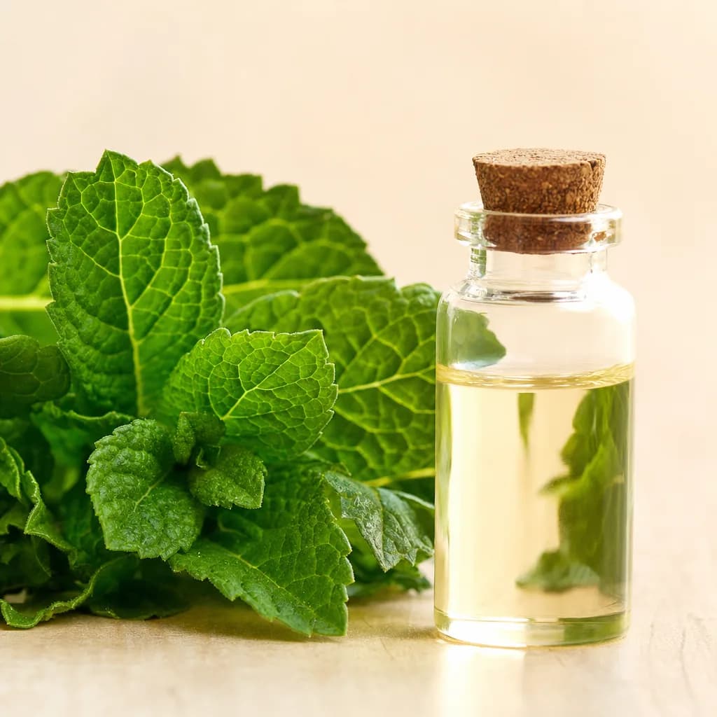 Fresh peppermint sprigs beside a small vial of peppermint essential oil