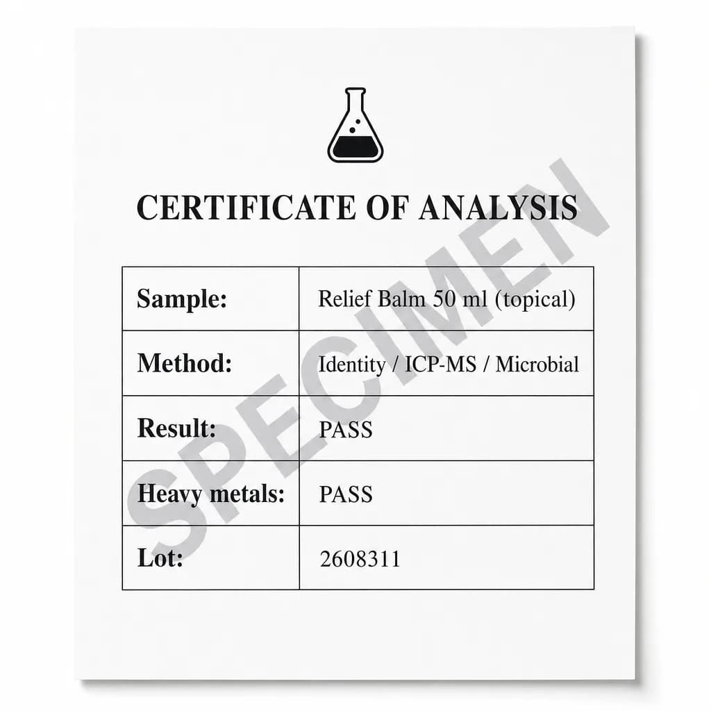 Certificate of analysis for Primeletic Relief Balm batch #2608311, ingredient identity with ICP-MS heavy-metal and microbial panels