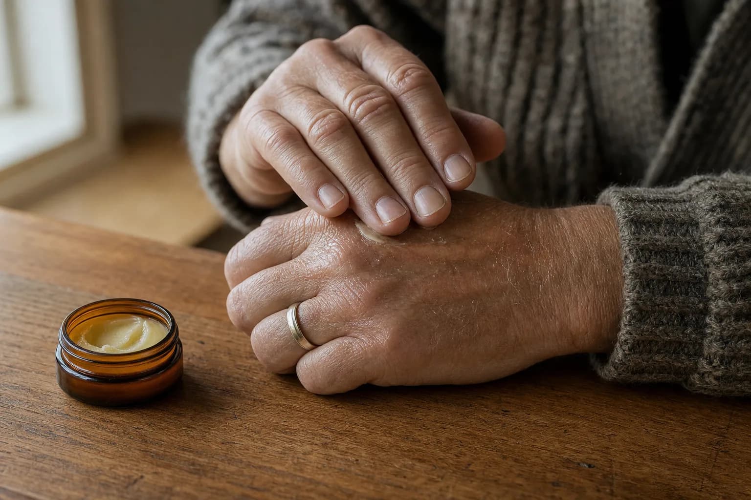 Hands massaging Relief Balm into stiff knuckles