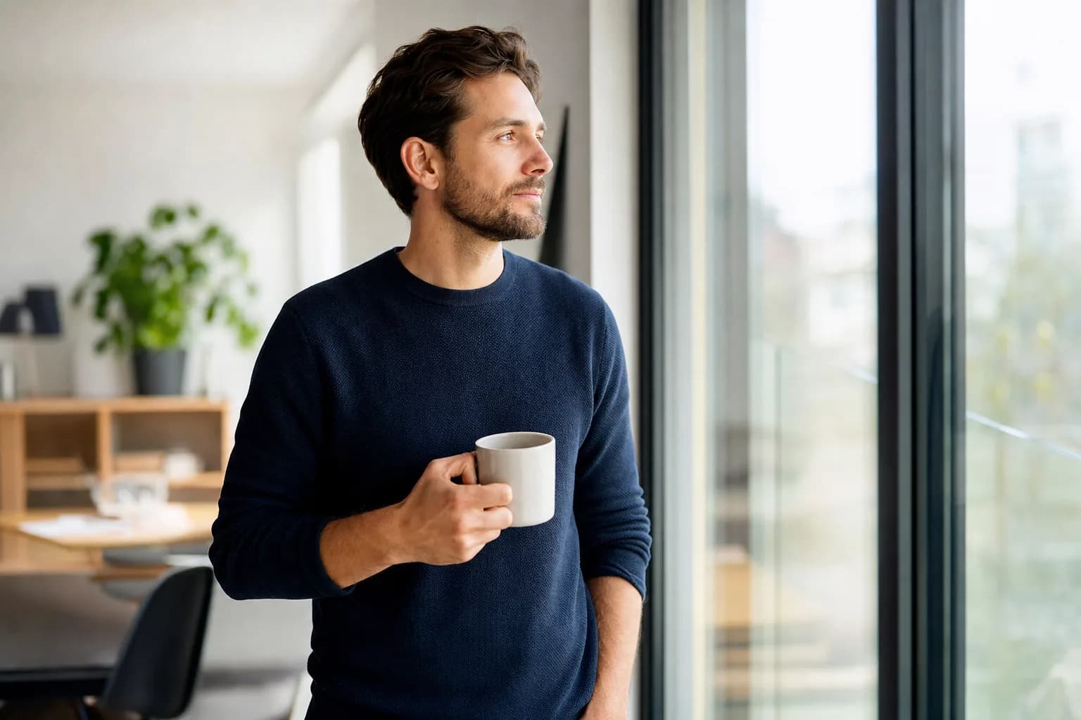 Man pausing at a bright window with coffee between deep work sessions