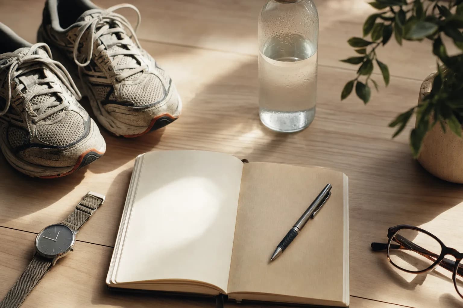 Running shoes, an open journal, a watch and a water bottle laid out in morning light