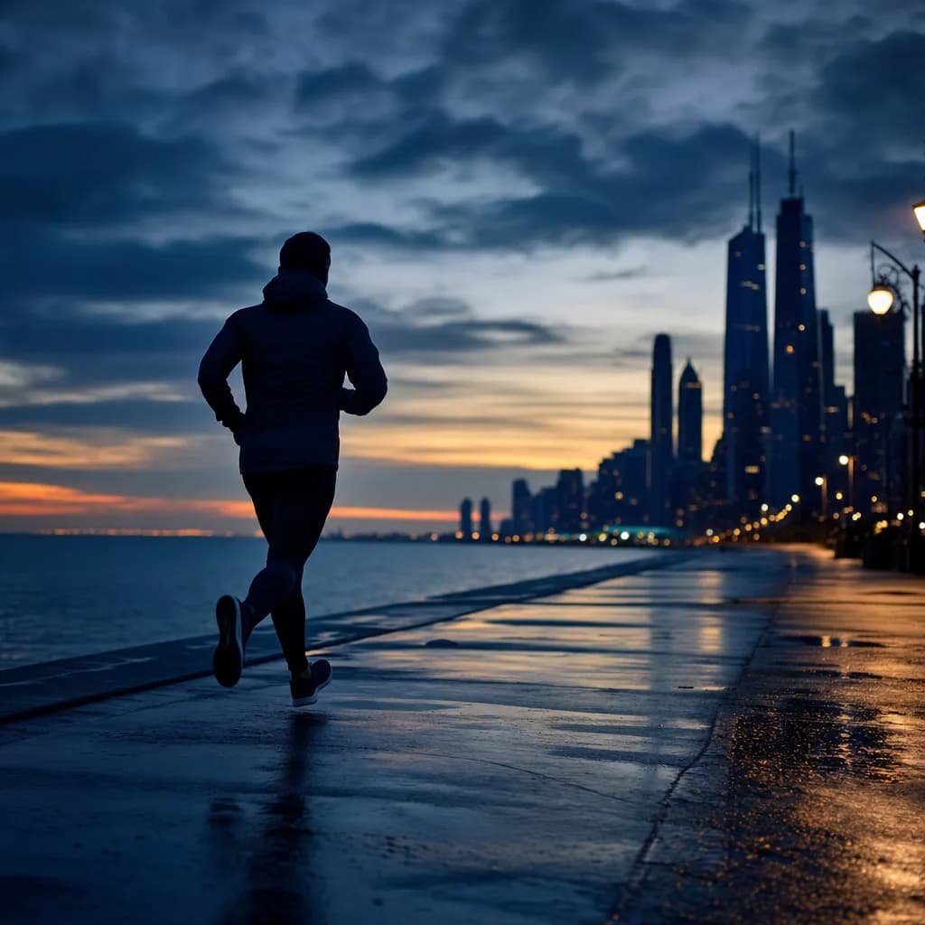 Lone runner on an empty waterfront at first light