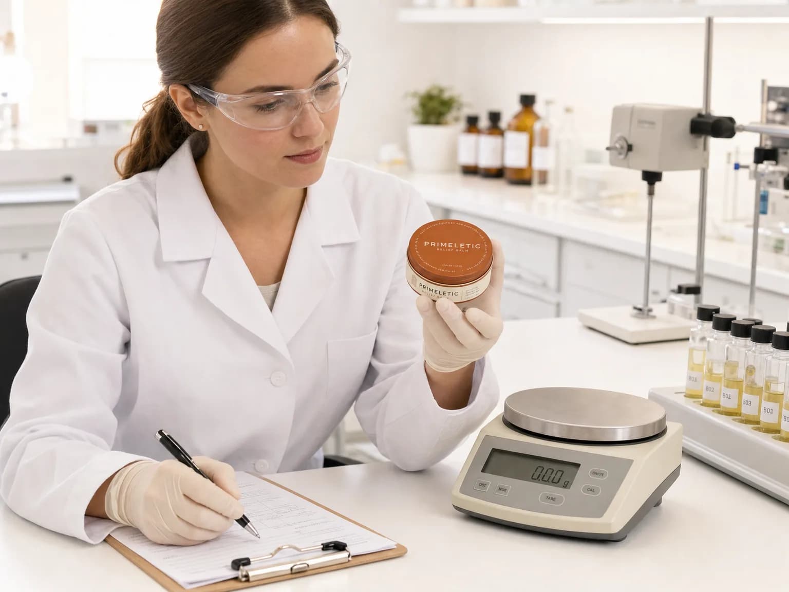 Gloved hands inspecting a product sample at a laboratory quality-control bench