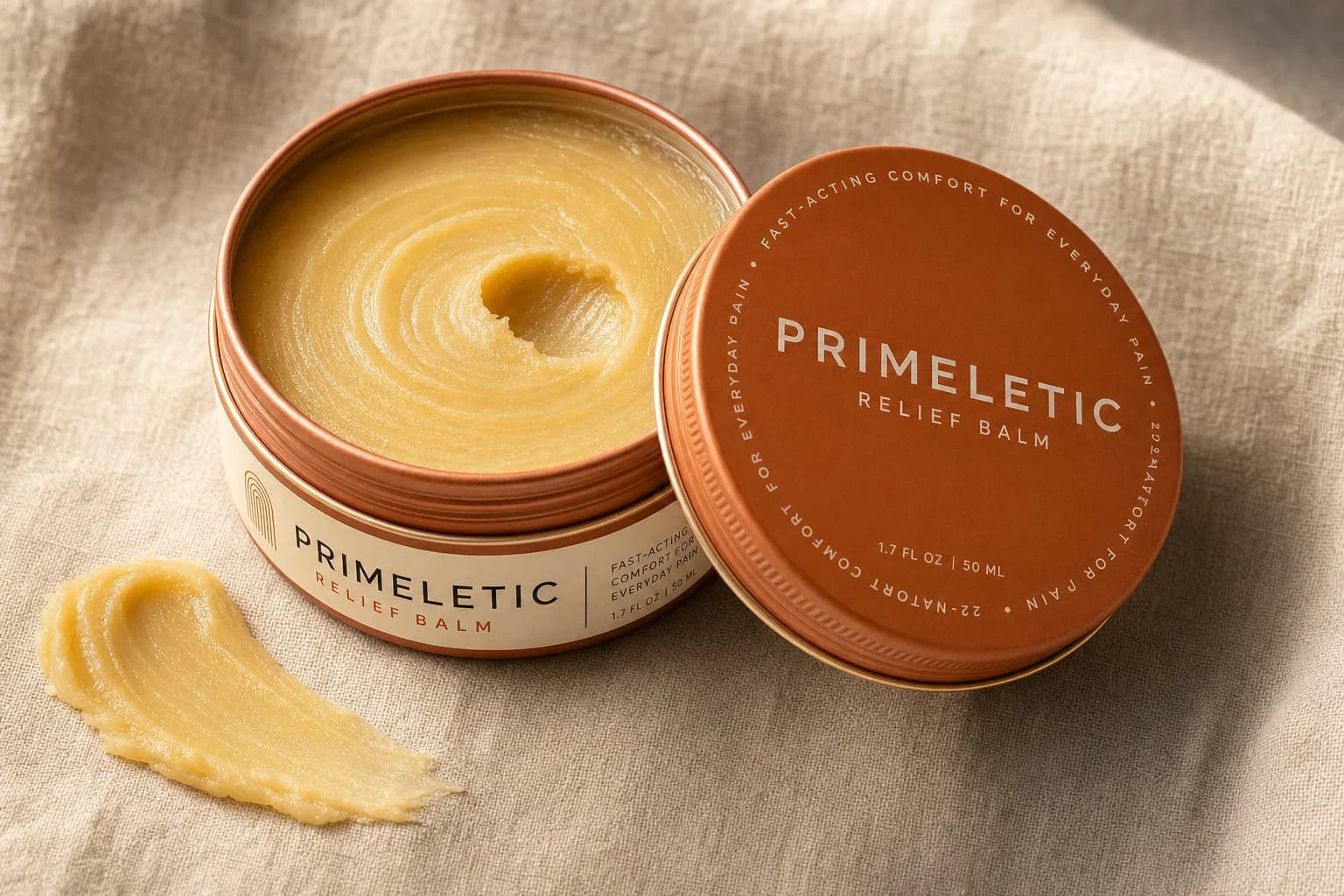 Open Primeletic Relief Balm tin on linen with swirled balm inside and a smear beside the copper lid